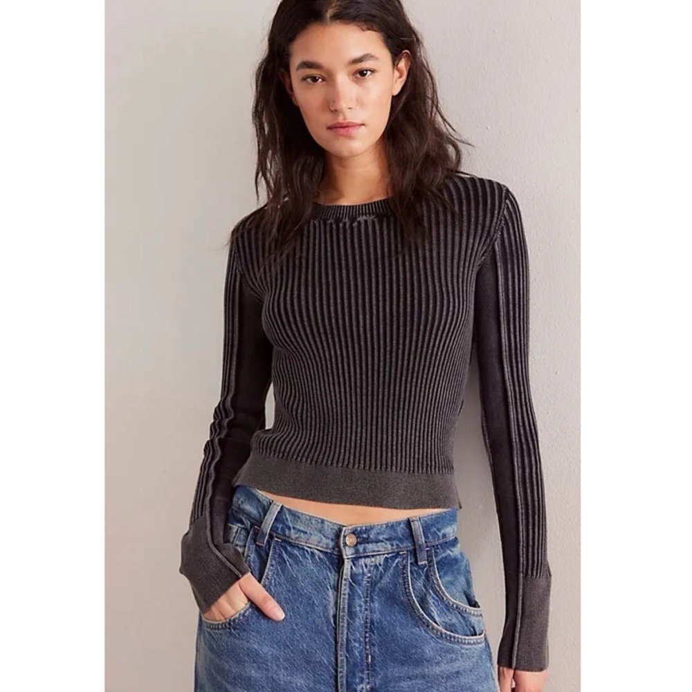 NWT Free People We The Free Between The Lines Long Sleeve Ribbed Sweater Black